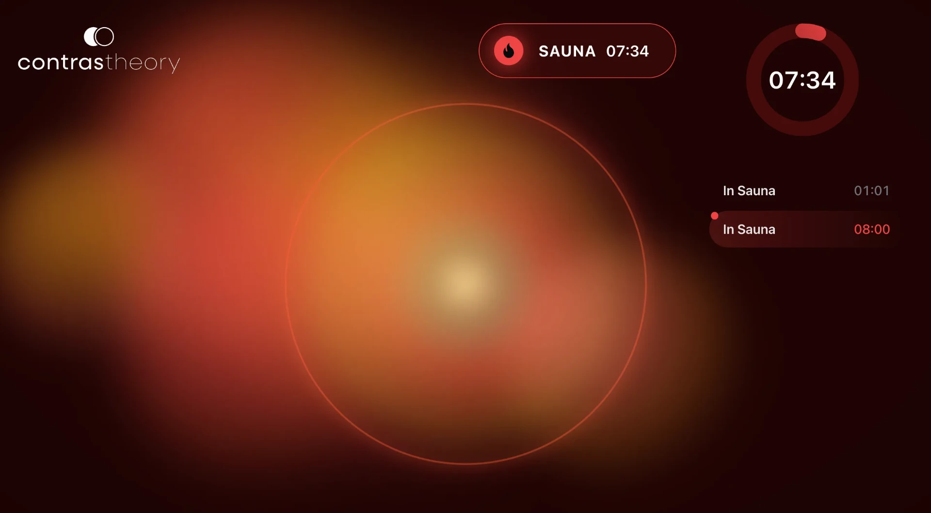 In-studio screen showing a sauna round timer counting through the heat block
