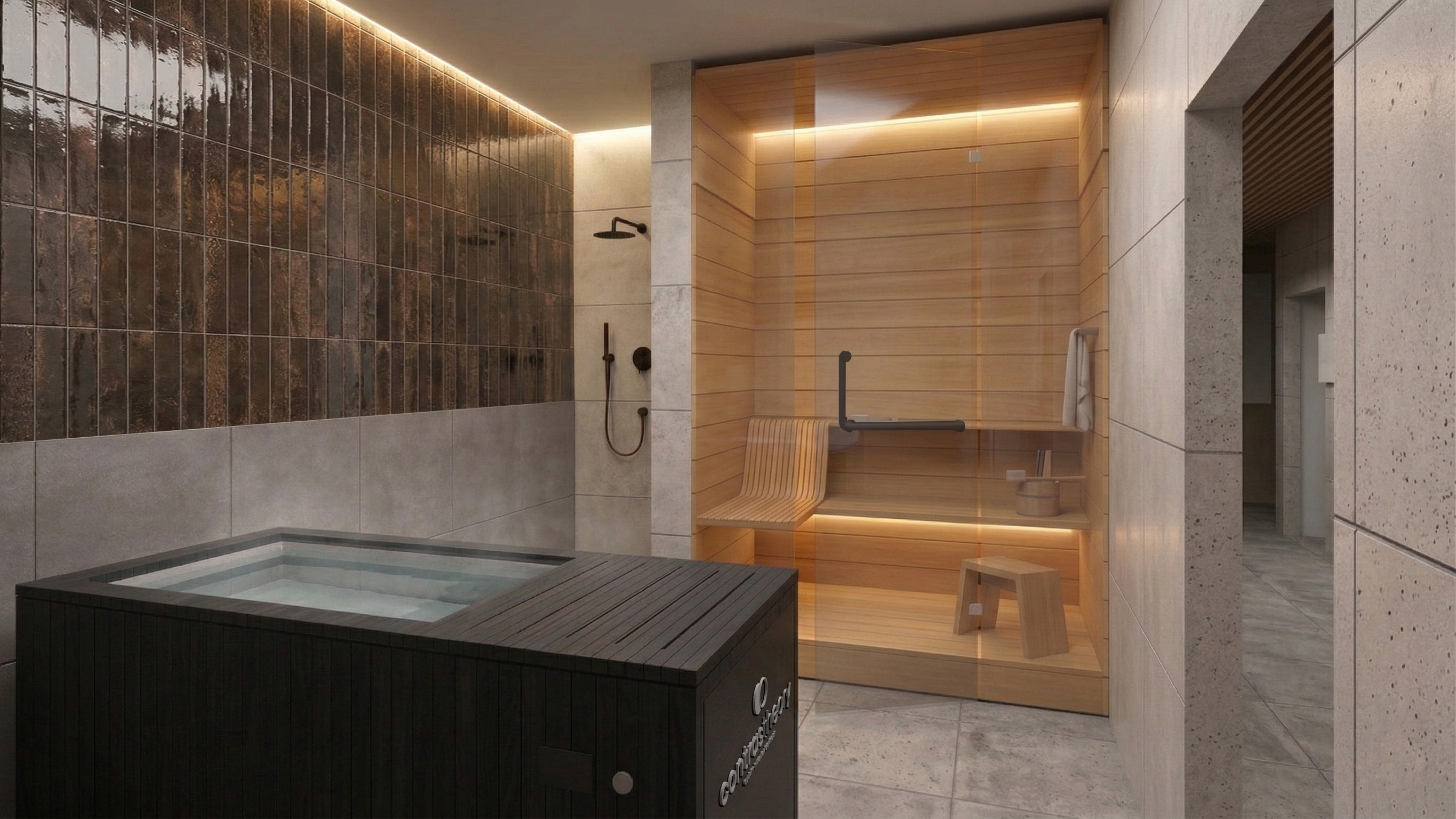 ContrasTheory wellness room with cold plunge and infrared sauna